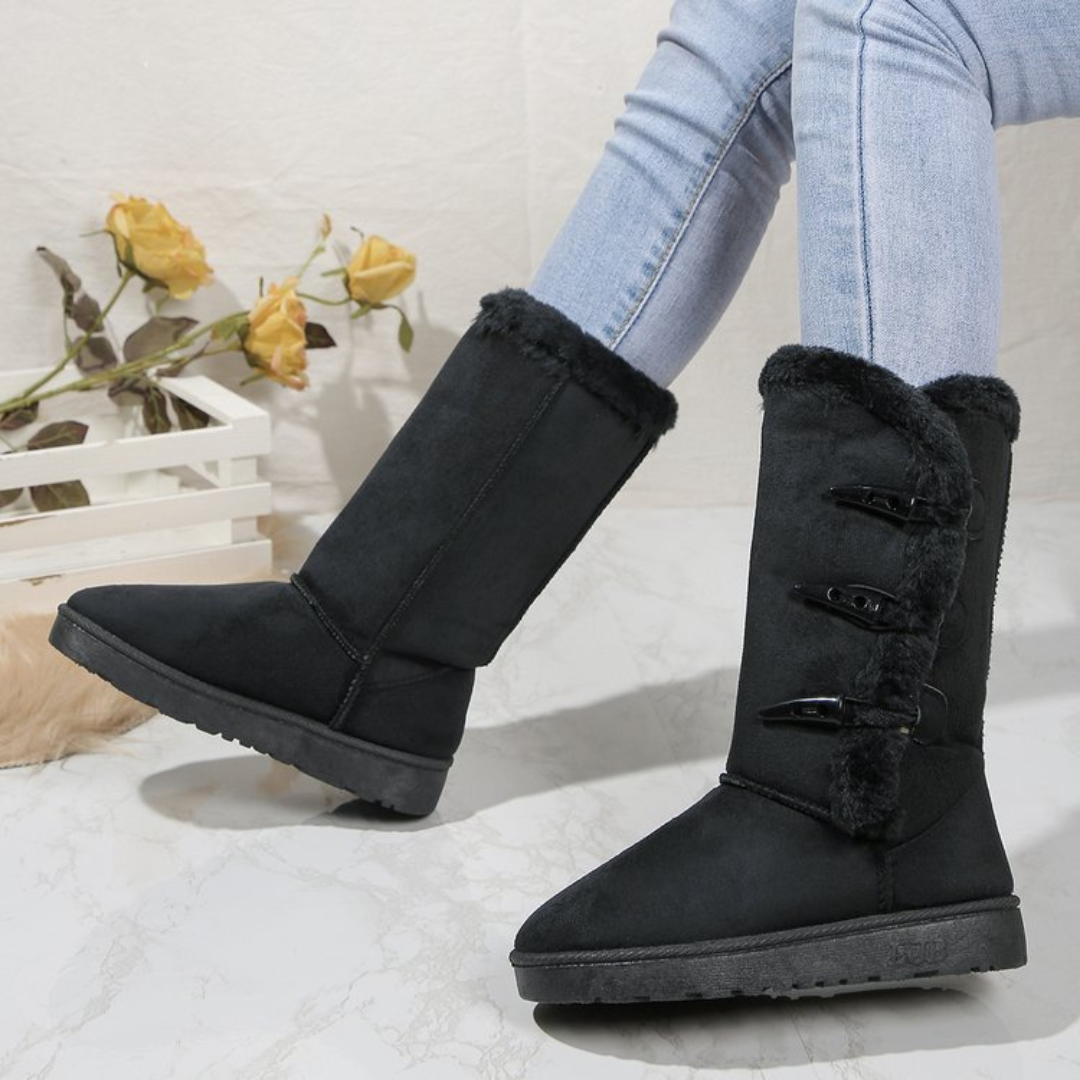 GRW Women Orthopedic Mid-calf Winter Boots Comfort Warm Suede Leather with Horn Buckle GroovyWish