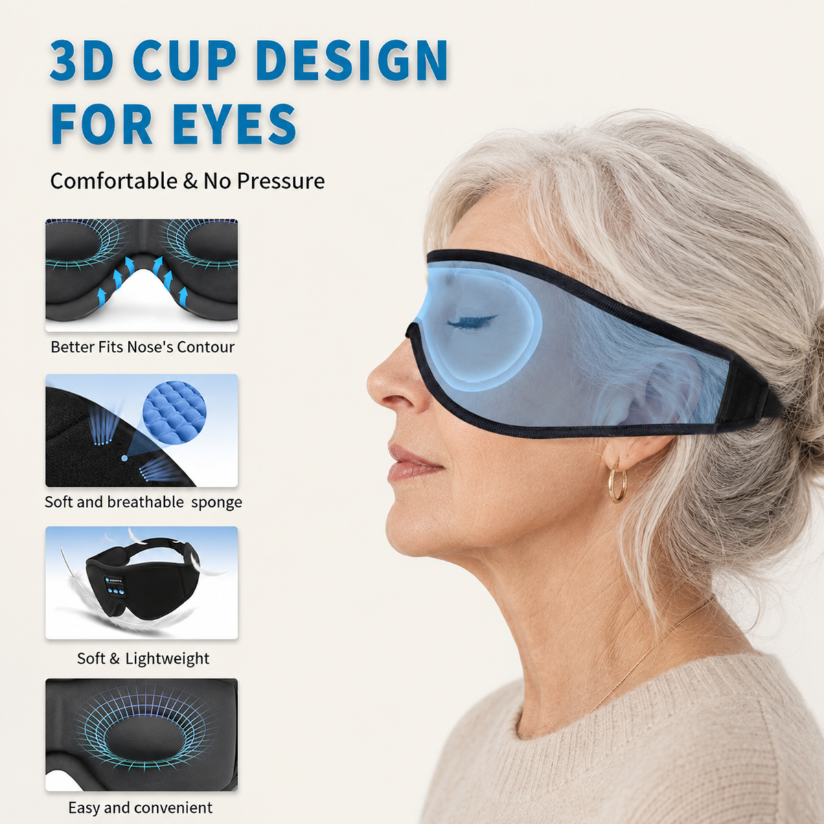 Smart Sleep Mask with 3D Eye Cups, 100% Blackout & Bluetooth Audio for Side Sleepers