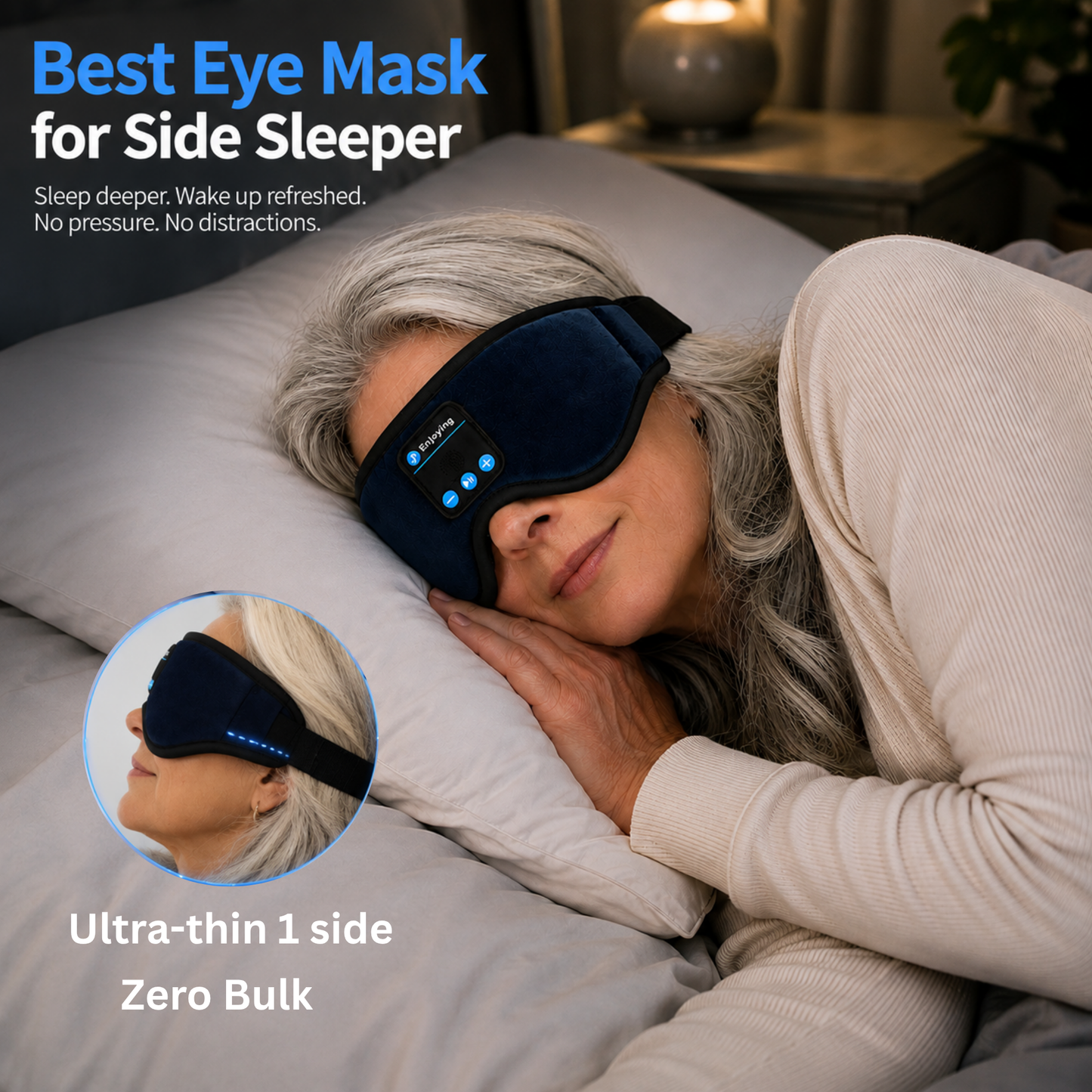 Smart Sleep Mask with 3D Eye Cups, 100% Blackout & Bluetooth Audio for Side Sleepers