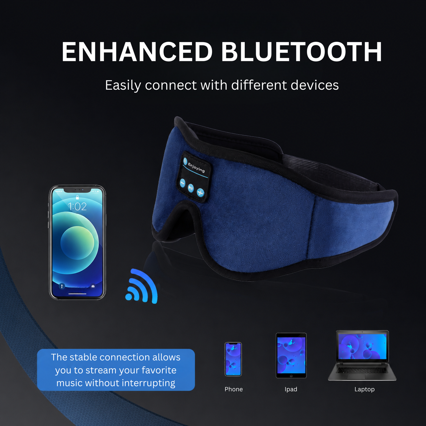 Smart Sleep Mask with 3D Eye Cups, 100% Blackout & Bluetooth Audio for Side Sleepers