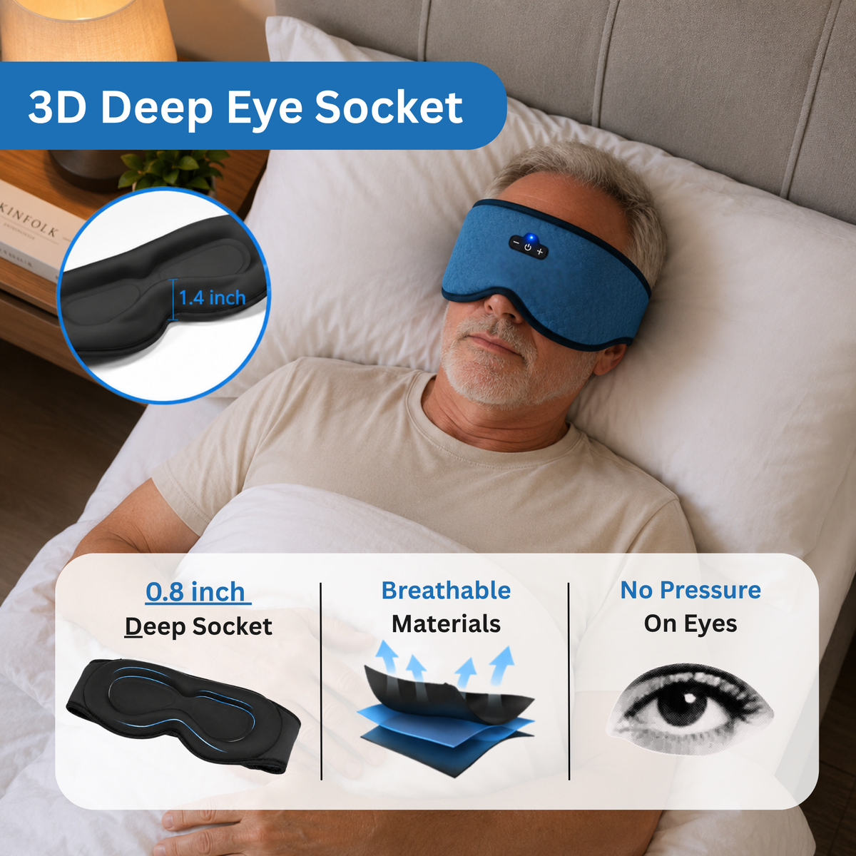 Smart Sleep Mask 3D Contoured Eye Design with Blackout & Bluetooth Audio For Side Sleepers
