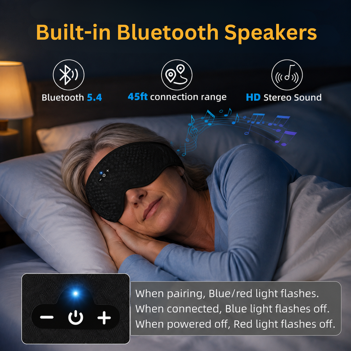 Smart Sleep Mask 3D Contoured Eye Design with Blackout & Bluetooth Audio For Side Sleepers