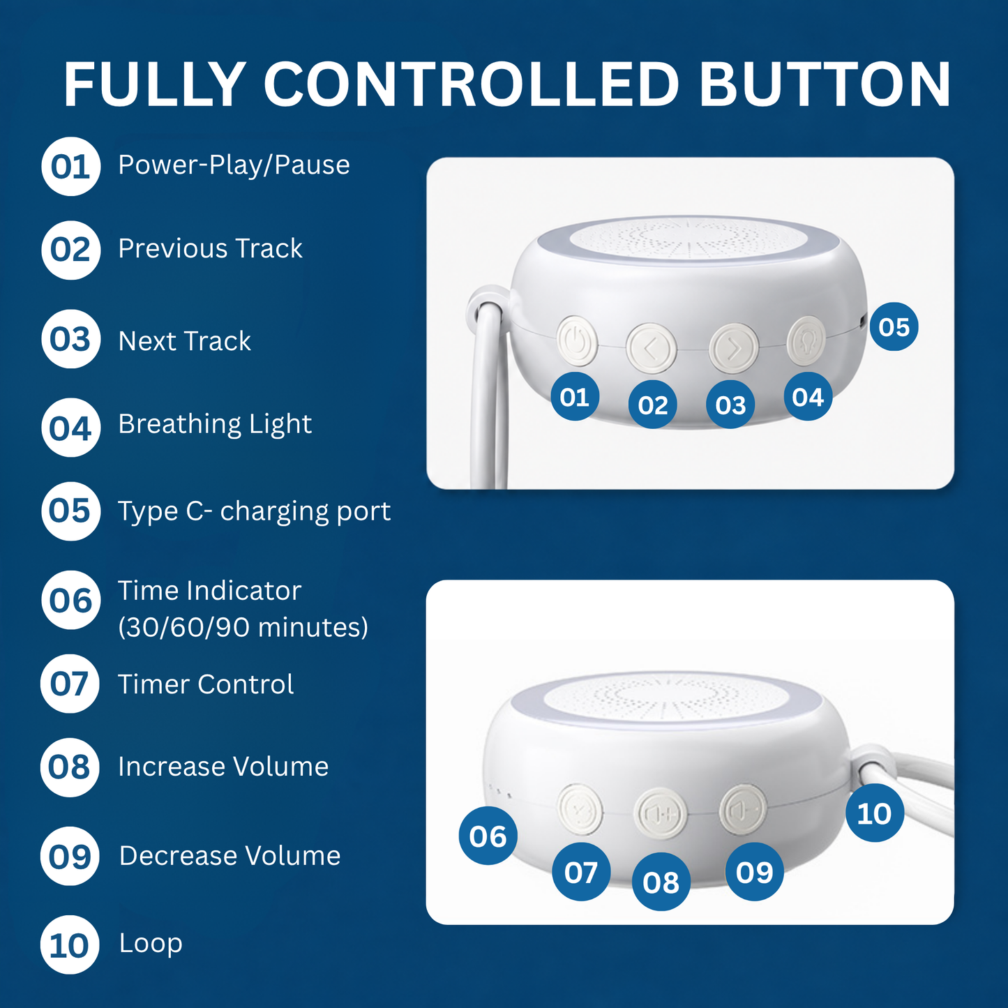 White Noise Machine with 22 Soothing Sounds & Golden Breathing Light, Portable Design