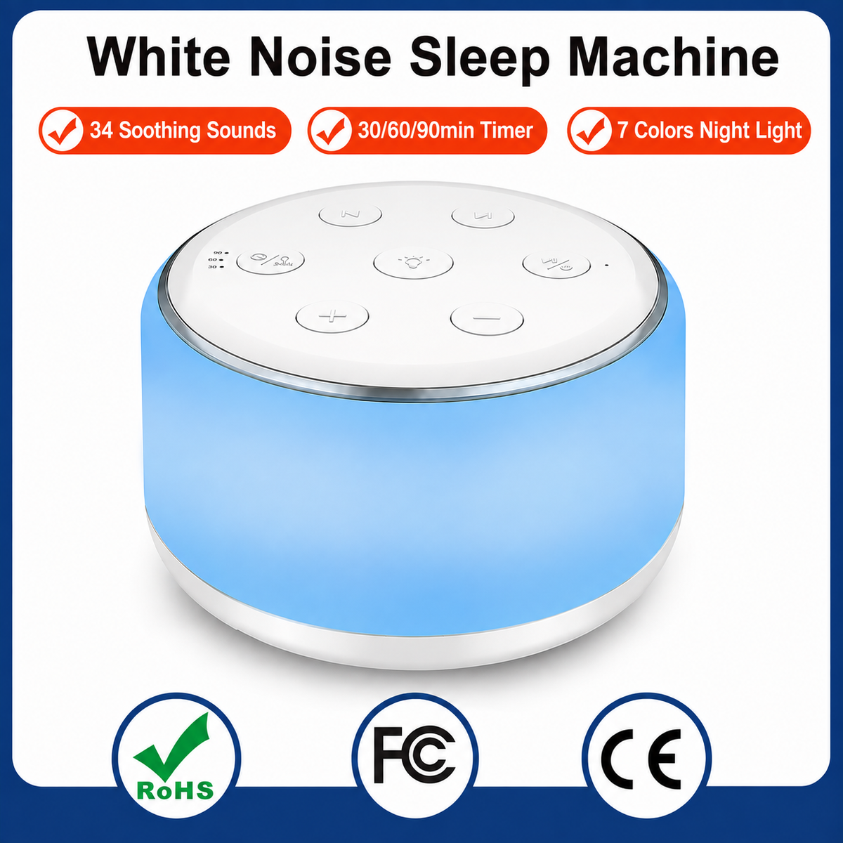 White Noise Machine with 34 Soothing Sounds & 7-Color Night Light, Portable Sleep Machine