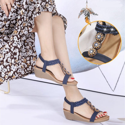 GRW Wedge Orthopedic Sandals Women Boho Floral Rhinestoned Sandals Ankle Strap Summer