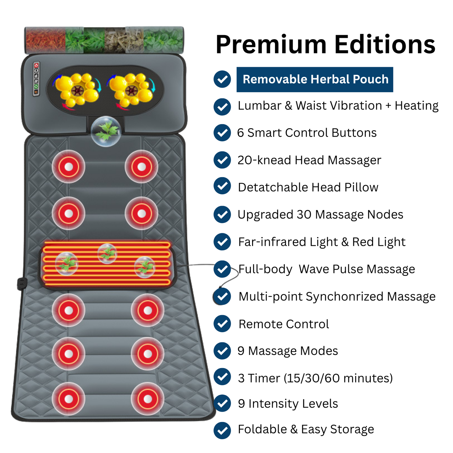 Smart Full Body Massage Mat with Heat, Vibration, Infrared Light & Herbal Pouch