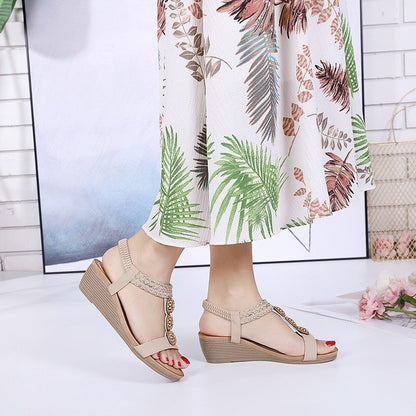 GRW Wedge Orthopedic Sandals Women Boho Floral Rhinestoned Sandals Ankle Strap Summer