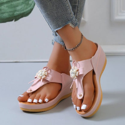 GRW Orthopedic Sandals Women Vintage Flower Rhinestones Flip-flops Extra Comfy Summer Anti-slip Soles