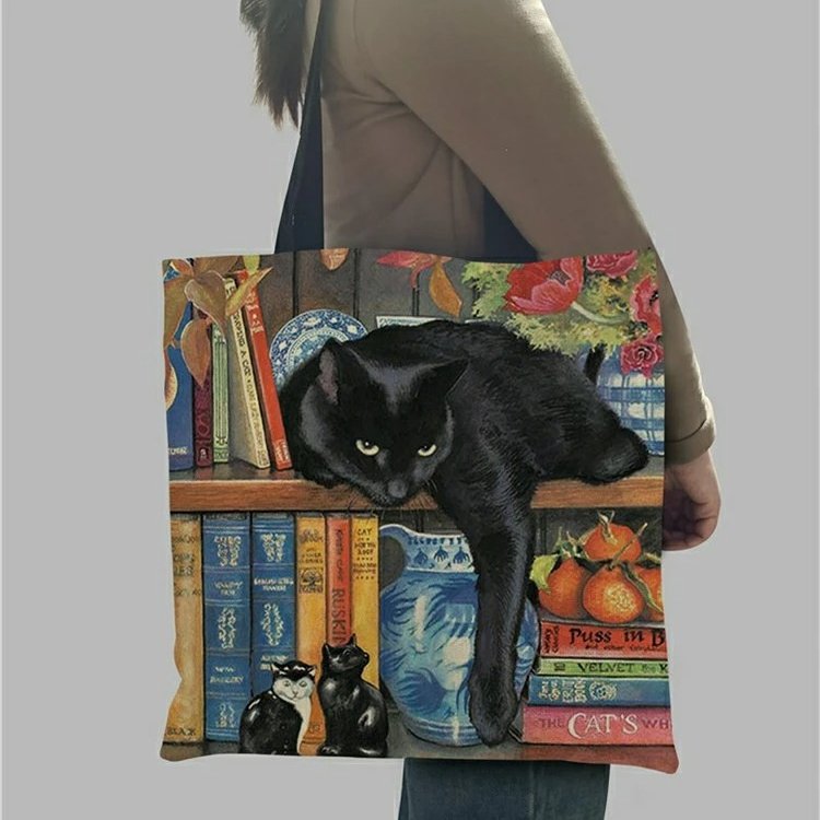 GroovyWish Tote Bag Vintage Cat Oil Painting Print Linen Big Size Washable Cute Tote Bags
